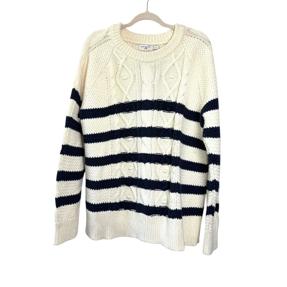 Vineyard Vines Womens Cream Navy Striped Cable Knit Merino Wool Blend Sweater 2X